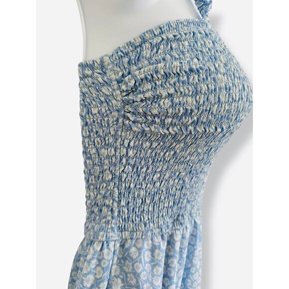 Abercrombie A&F Blue Floral Midi Dress Smocked Bodice Pockets Slit Size S - Picture 3 of 9